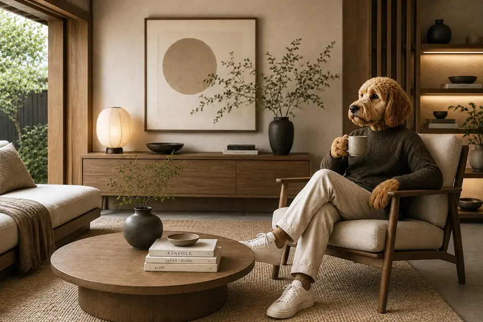 Anthropomorphic goldendoodle in a cozy Japandi living room, seated in a wooden armchair with warm lighting, natural wood, and minimalist decor.