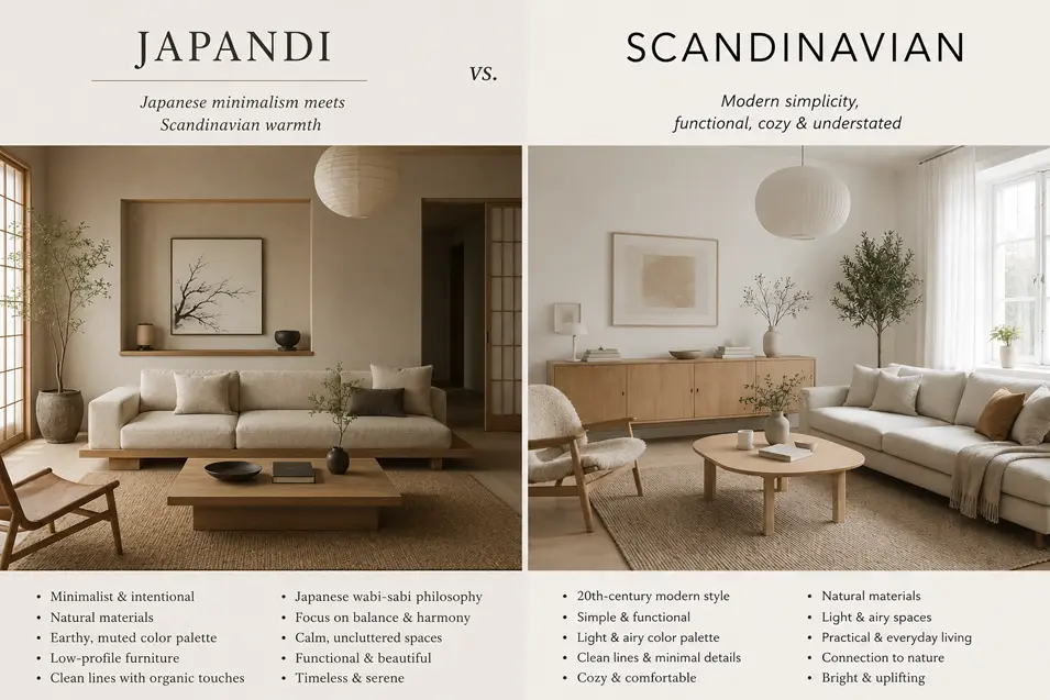 Side-by-side living room comparison: Japandi with warm wood, low furniture and wabi-sabi minimalism vs Scandinavian with bright, airy, cozy simplicity.