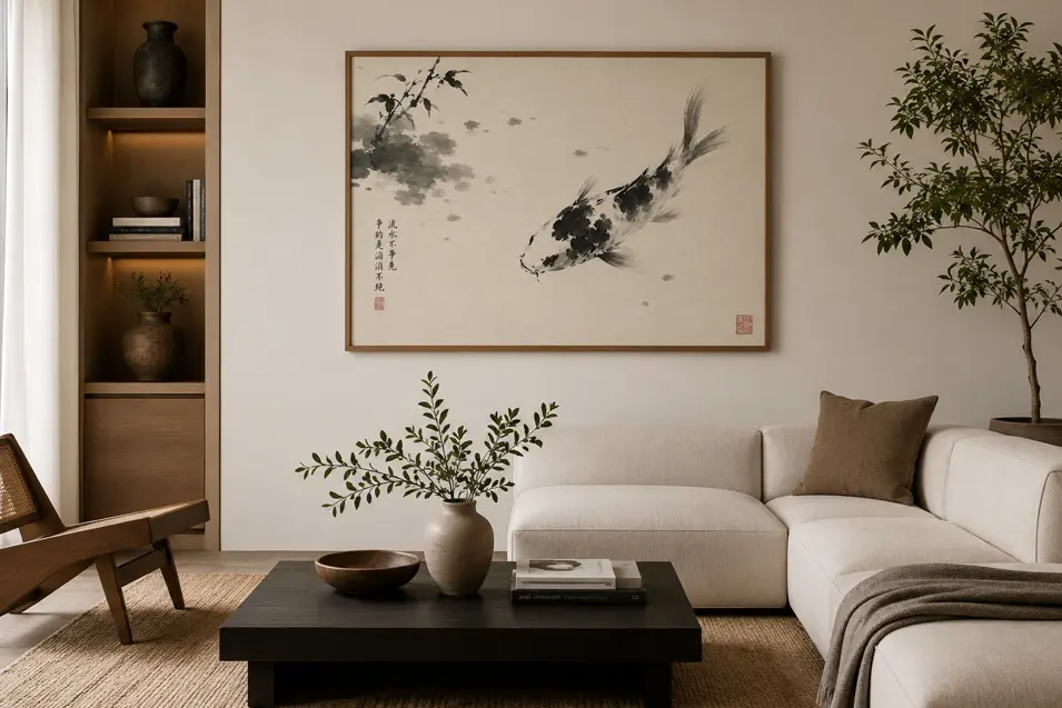 Photorealistic contemporary living room with a large framed Japanese sumi-e koi painting, warm wood accents, neutral tones, lush greenery, and serene Zen styling.