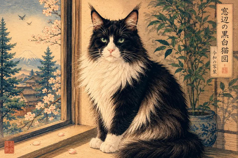 A majestic tuxedo cat in a traditional Japanese ukiyo-e woodblock style, seated by a window with cherry blossoms, Mount Fuji, and textured handmade paper.