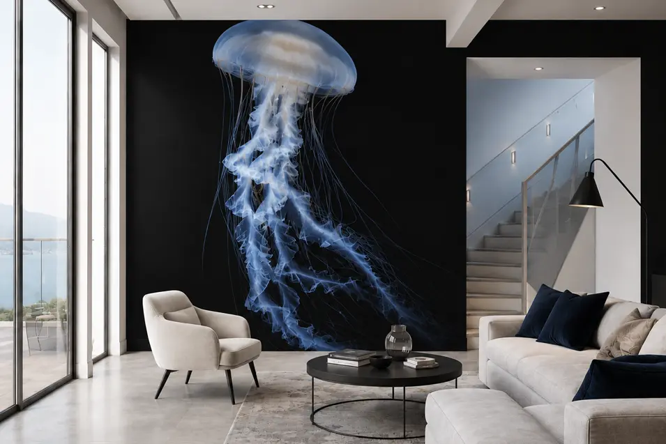 Luxury modern living room with floor-to-ceiling jellyfish wall art, soft neutral furnishings, black accents, tiled floors, and panoramic waterfront views.