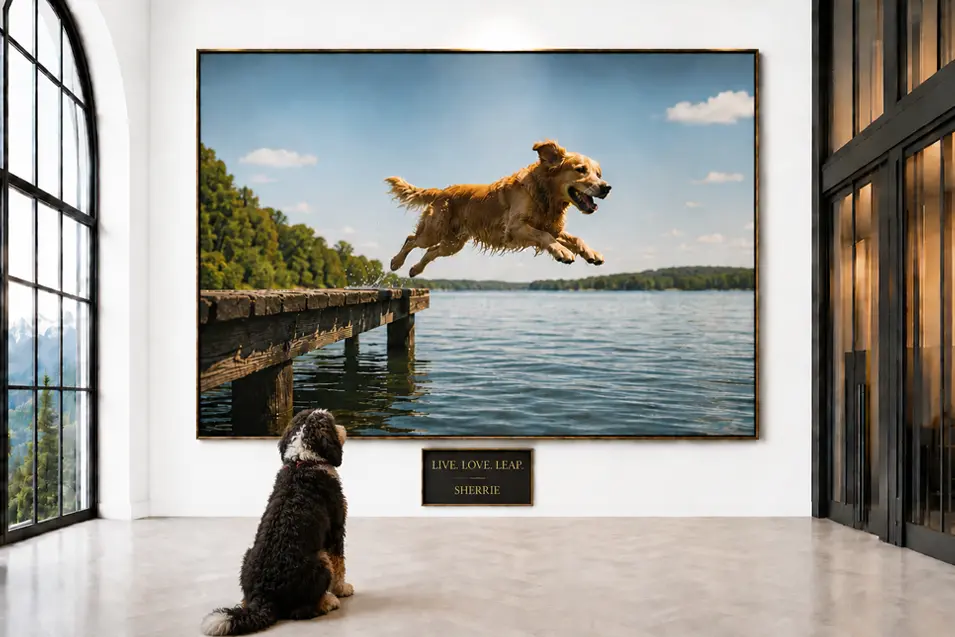 A Bernedoodle admires “Live. Love. Leap.” by Sherrie—a joyful dog soaring from a dock into a sunlit summer lake.