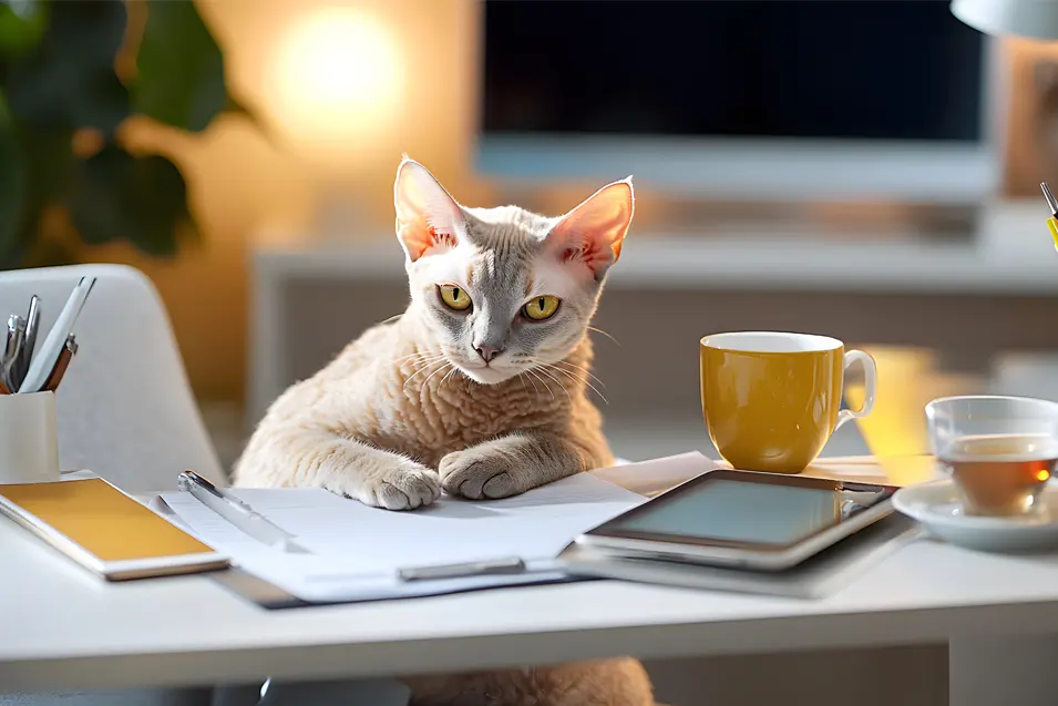Cat sitting at a home office desk with papers, a tablet, and a coffee mug, creating a playful work-from-home scene.