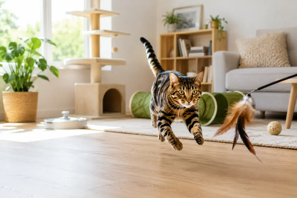 Active tabby cat leaping after a feather wand toy in a bright living room, with a cat tree, tunnel, and enrichment toys visible in the background.
