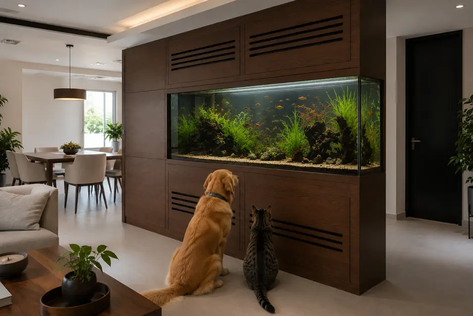 Dog and cat watching a large built-in freshwater aquarium in a modern living and dining room with custom wood cabinetry.