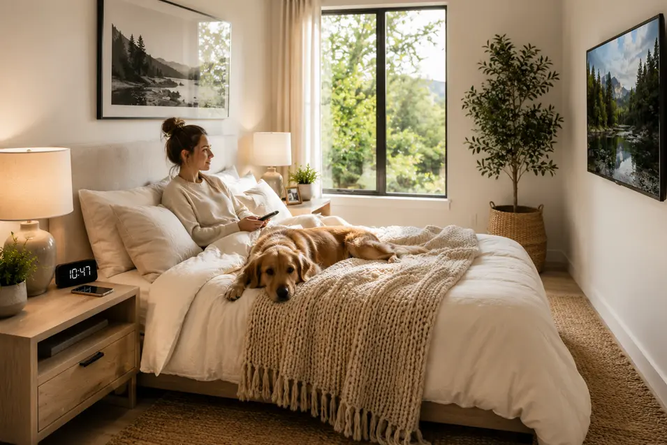 woman and dog watching tv in the bedroom
