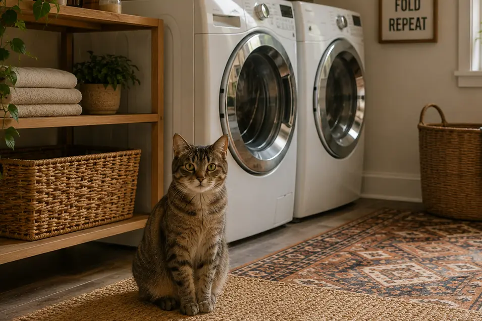 Tabby cat sitting on a woven rug in a bright bohemian-style laundry room with front-loading washer and dryer, wicker baskets, indoor plants, and natural light.