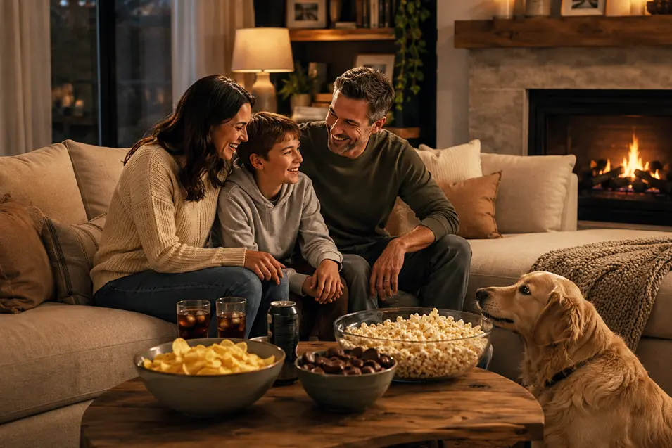 Family sitting together on a couch for movie night with a Golden Retriever beside a coffee table filled with snacks in a cozy living room.