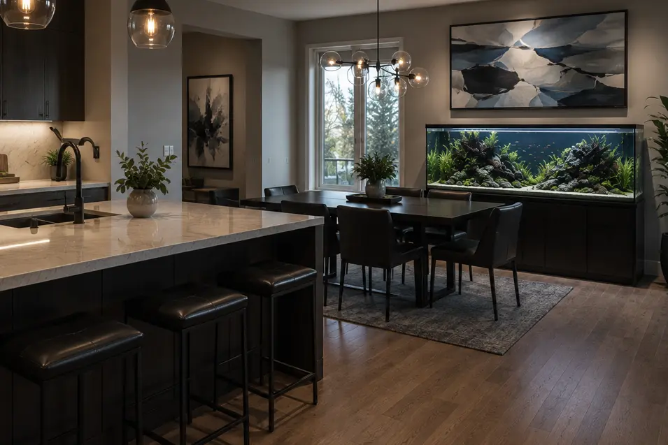 Modern kitchen with a large island, dining area, and freshwater aquarium on a stand beneath contemporary artwork in an upscale home.