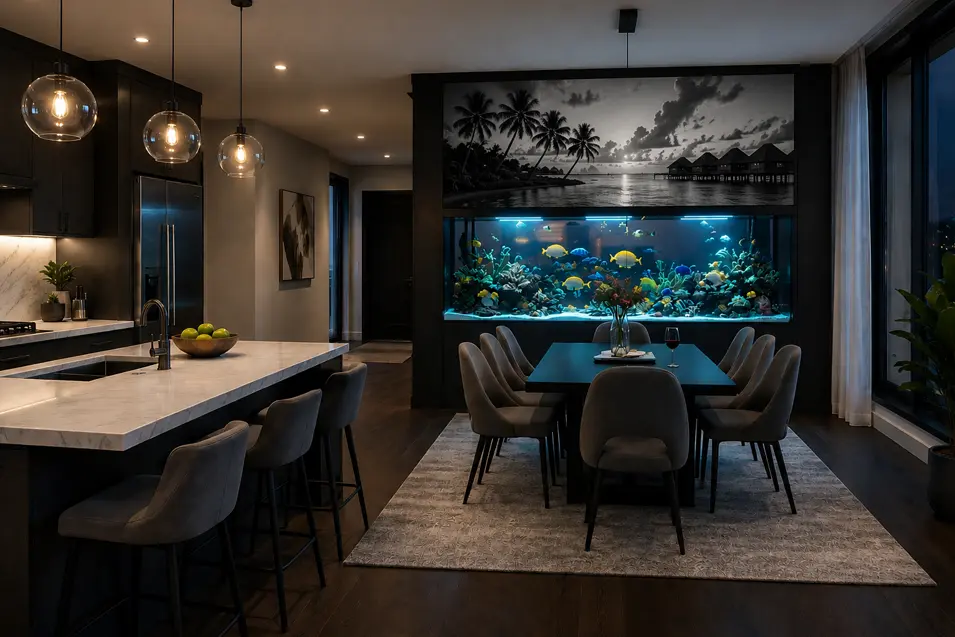 Modern luxury kitchen and dining room with a large aquarium beneath black-and-white tropical artwork, marble island, and elegant contemporary furnishings.