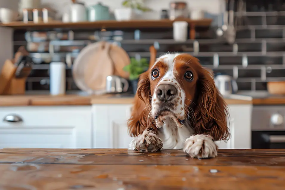 Curious Cavalier King Charles Spaniel standing with paws on a wooden kitchen table, looking up in a bright modern kitchen.