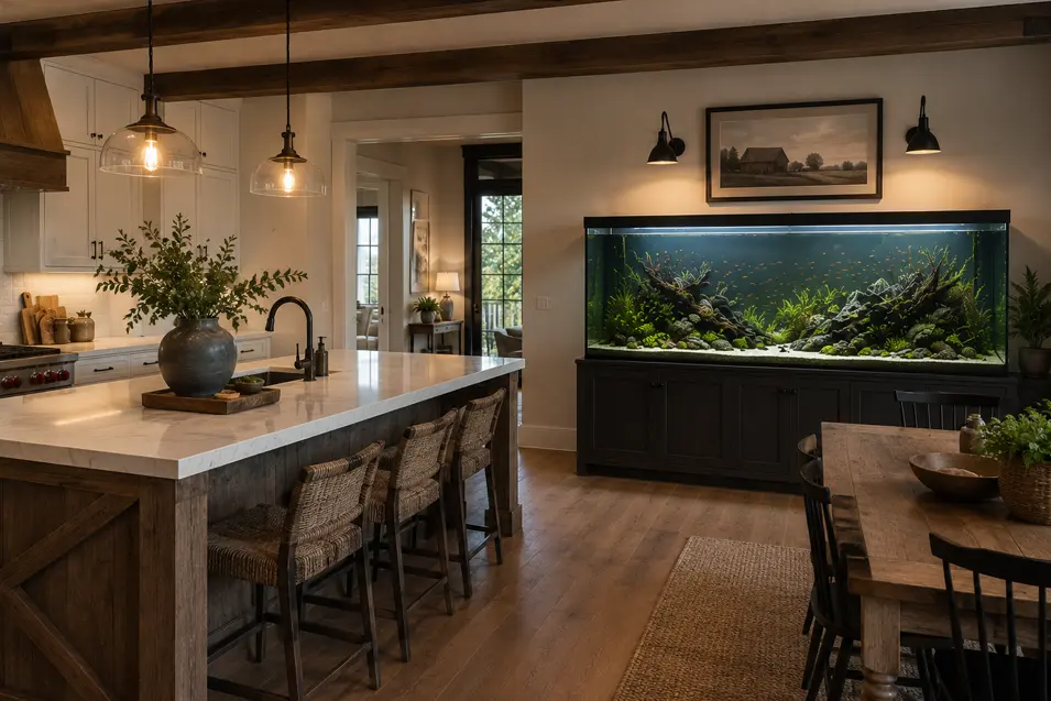 Modern farmhouse kitchen with a large freshwater aquarium, rustic wood island, exposed beams, dining table, and warm ambient lighting.