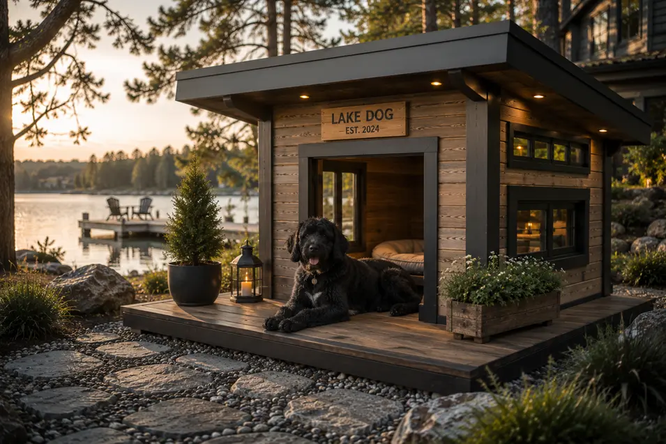 Modern lakeside cabin dog house with rich cedar siding, a spacious porch, warm lighting, and a cozy interior, featuring a Portuguese Water Dog at sunset.