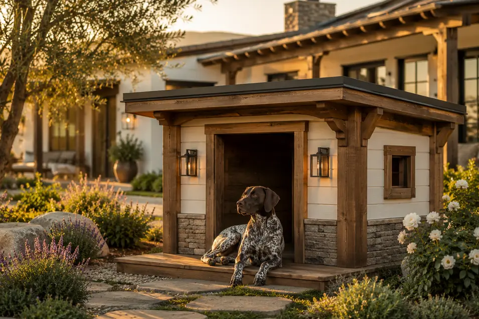 Large California Ranch Retreat dog house with cedar beams, stone accents, and a spacious covered porch, designed for a Shorthaired Pointer in a landscaped yard.