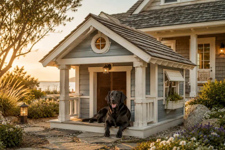 Large Coastal Escape dog house with cedar shingles, breezy coastal charm, and a covered porch, designed for a Flat-Coated Retriever in a landscaped backyard.