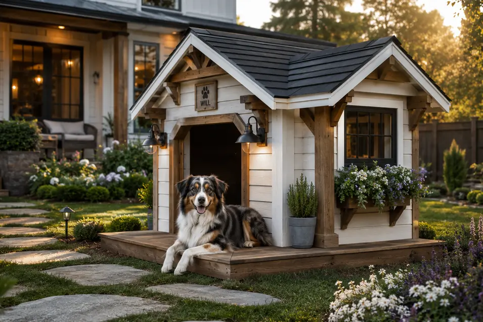 Large Contemporary Farmhouse dog house with modern board-and-batten siding, timber accents, and a spacious porch, perfect for an Australian Shepherd.