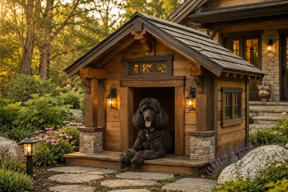Large Craftsman Lodge dog house with rich cedar, stone pillars, and handcrafted timber details, designed for a Standard Poodle in a landscaped backyard.