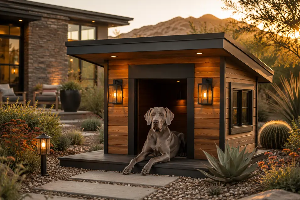 Large Desert Modern dog house with sleek cedar siding, flat roof, and clean architectural lines, designed for a Weimaraner in a luxury desert landscape.