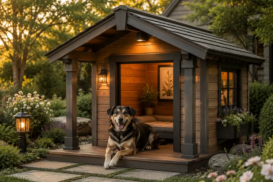 Large Garden Retreat dog house with warm cedar, a covered porch, and lush garden surroundings, featuring a friendly mixed-breed dog in a peaceful backyard.