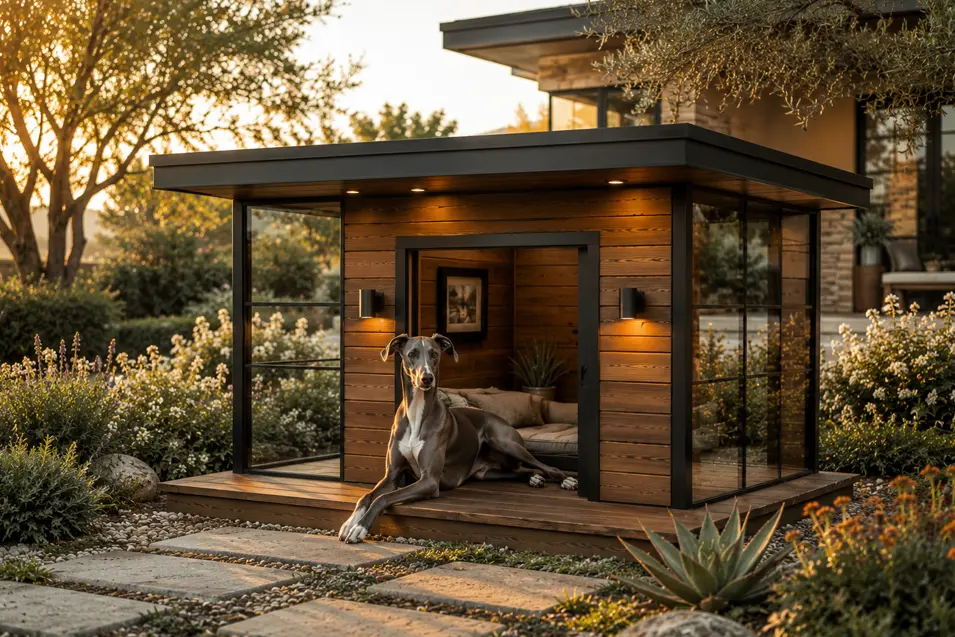 Large Glass Pavilion dog house with floor-to-ceiling glass, warm cedar, and sleek modern design, created for a Greyhound in a luxury landscaped backyard.