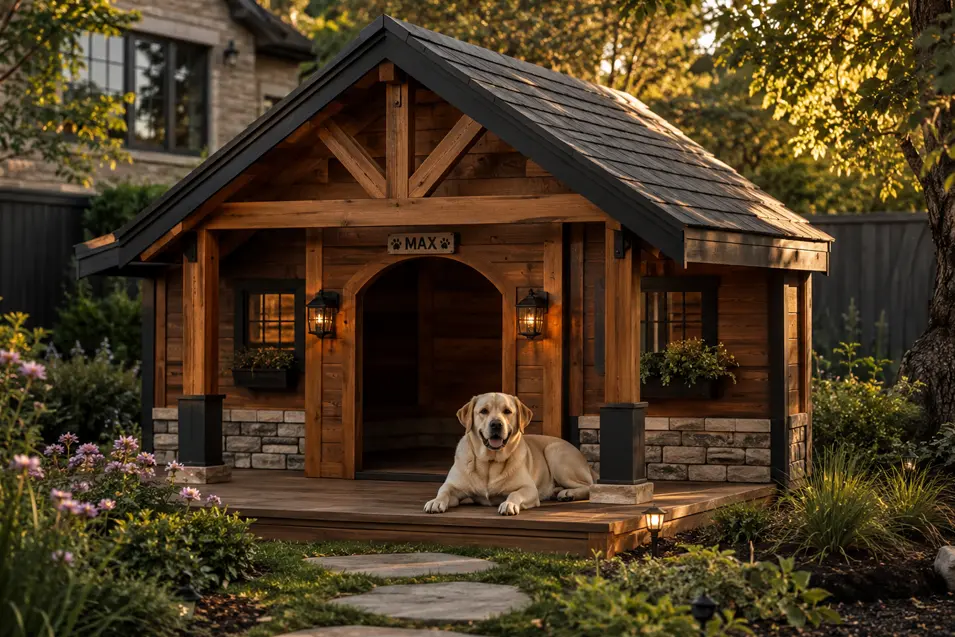 Grand Modern Lodge dog house with rustic timber beams, stone accents, and a spacious covered porch, designed for large breeds in a beautifully landscaped backyard.