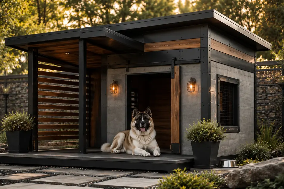 Large Modern Industrial dog house with concrete, steel, and cedar finishes, a covered lounge, and sleek architectural lines beside a majestic Akita.