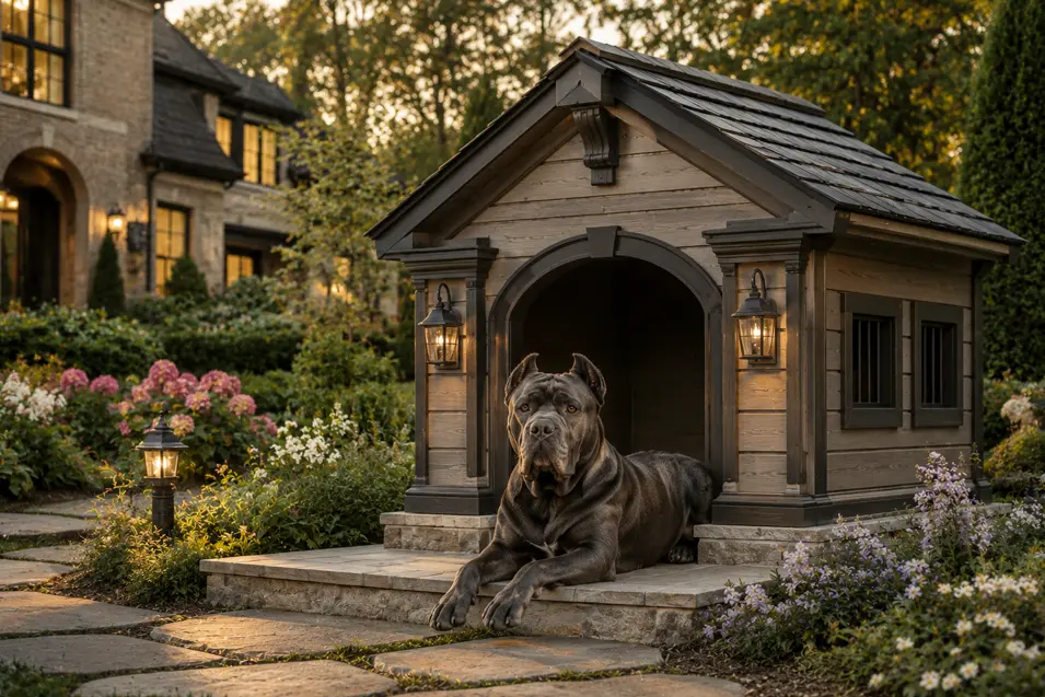 Luxury Estate Kennel dog house with elegant cedar craftsmanship, stone entry, and premium finishes, designed for a Cane Corso in a beautifully landscaped yard.