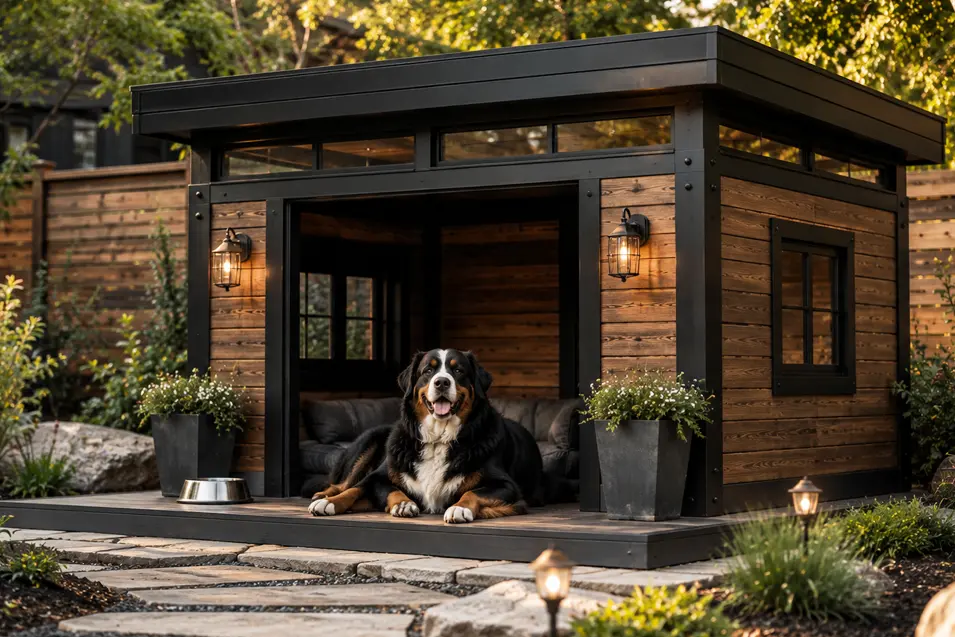 Large Modern Industrial dog house with warm cedar, black steel accents, clerestory windows, and a spacious covered retreat for a Bernese Mountain Dog.