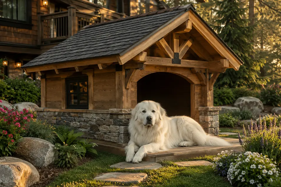 Luxury Mountain Chalet dog house with cedar timber, stone accents, and a cozy covered porch, perfectly sized for a Great Pyrenees in a landscaped backyard.