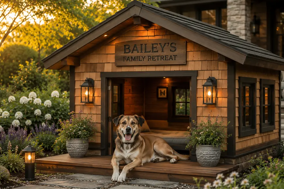 Large Personalized Family Retreat dog house with custom cedar craftsmanship, a welcoming porch, and cozy details, featuring a friendly mixed-breed dog.