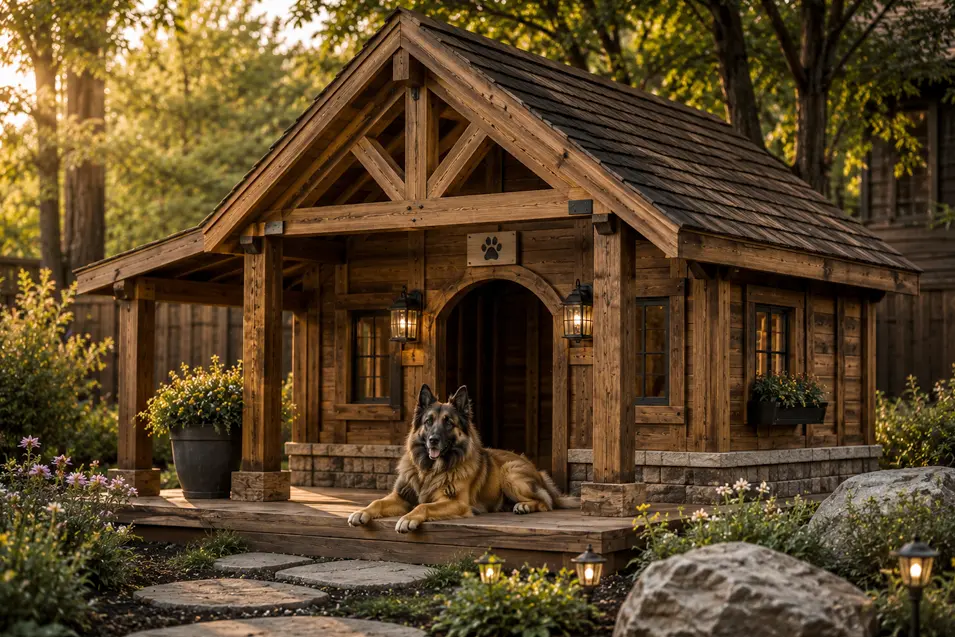 Rustic Timber Cabin dog house with exposed cedar beams, stone accents, a wraparound porch, and spacious comfort for a majestic Belgian Tervuren.