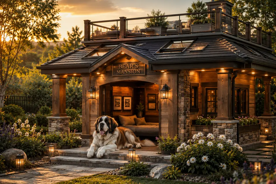 Ultimate Luxury Dog Mansion with a rooftop observation deck, skylights, premium cedar and stone, designer lighting, and a grand porch for a Saint Bernard.