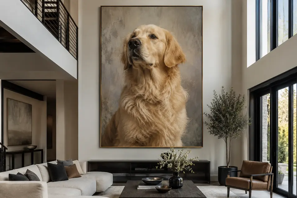 Oversized custom pet portrait anchors a modern living space, transforming the room with striking visual impact, elegance, and personal meaning.