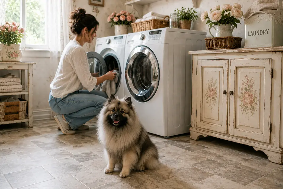 Woman loading laundry in a shabby chic laundry room while a fluffy Keeshond sits nearby, featuring pet-friendly flooring, floral accents, vintage cabinetry, and soft natural light.