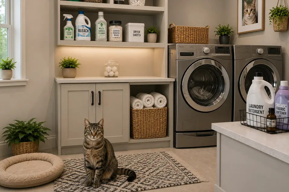 Modern pet-friendly laundry room featuring a tabby cat sitting on a patterned rug in front of a sleek washer and dryer. The bright, organized space includes custom cabinetry, open shelving, woven storage baskets, neatly arranged laundry supplies, indoor plants, soft neutral finishes, and a cozy pet bed, creating a clean and welcoming environment for both pets and people.