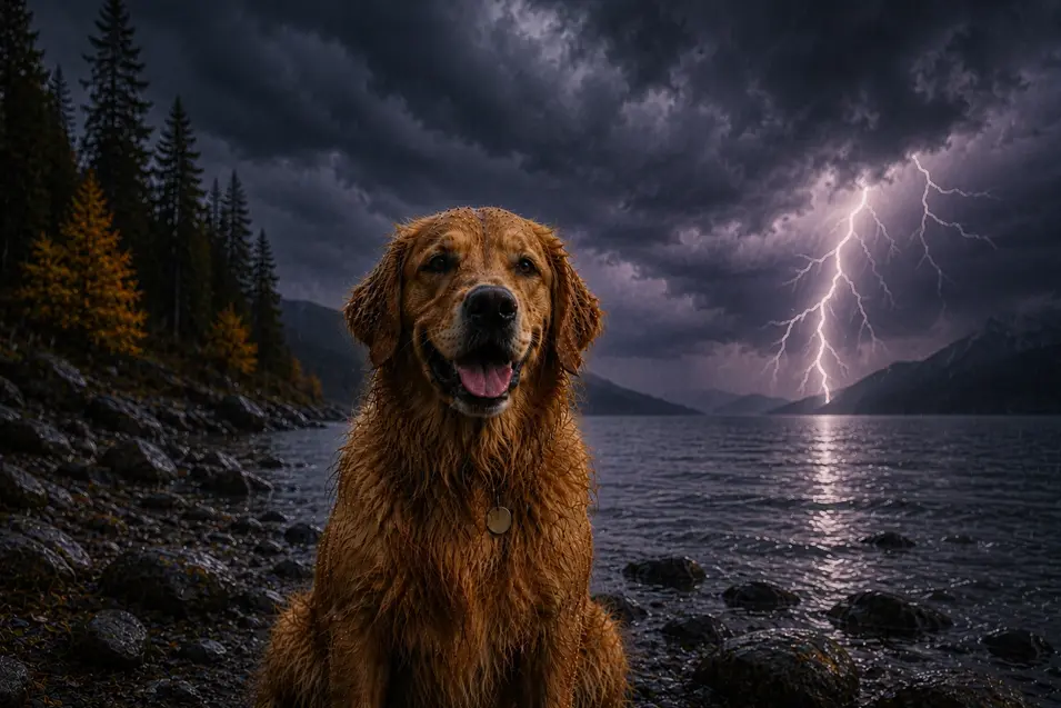 Wet Golden Retriever on a rocky lakeshore beneath dramatic storm clouds, with lightning illuminating the sky over a dark, windswept mountain lake.