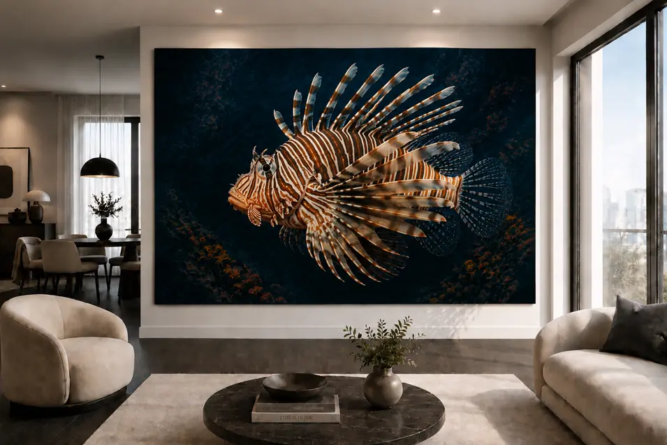 Modern luxury living room with an oversized lionfish canvas centered on a minimalist wall, bathed in natural light with elegant neutral furnishings.
