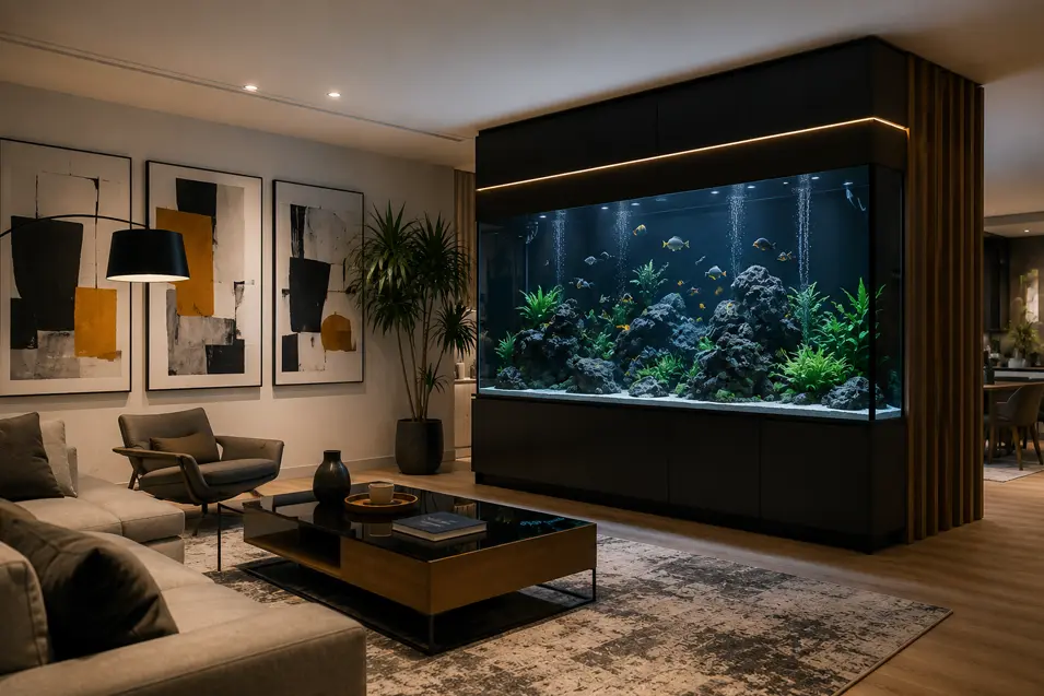 Modern luxury living room with a large built-in aquarium as the focal point, featuring designer furniture, oversized abstract art, and warm ambient lighting.