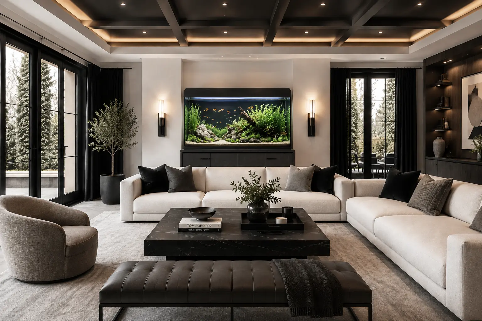 Modern luxury living room with cream sofas, black marble table, coffered ceiling, and a large illuminated aquarium centerpiece replacing the fireplace.