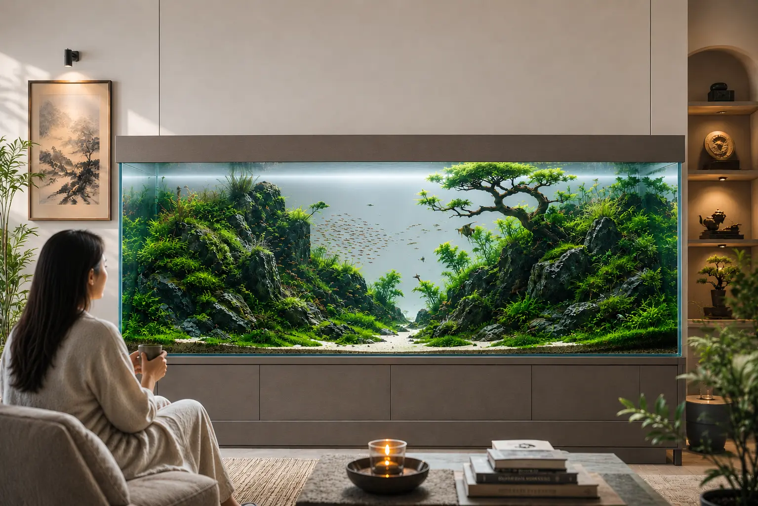 A serene modern living room featuring a massive aquascaped aquarium with lush greenery, rocky cliffs, and tiny fish, creating a tranquil nature-inspired focal point.