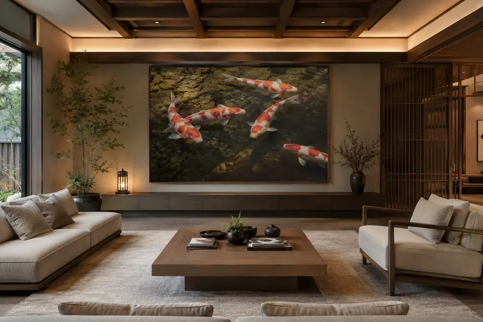 Luxurious Japanese-inspired living room with warm wood, minimalist furnishings, soft ambient lighting, and a striking oversized koi painting as the focal point.