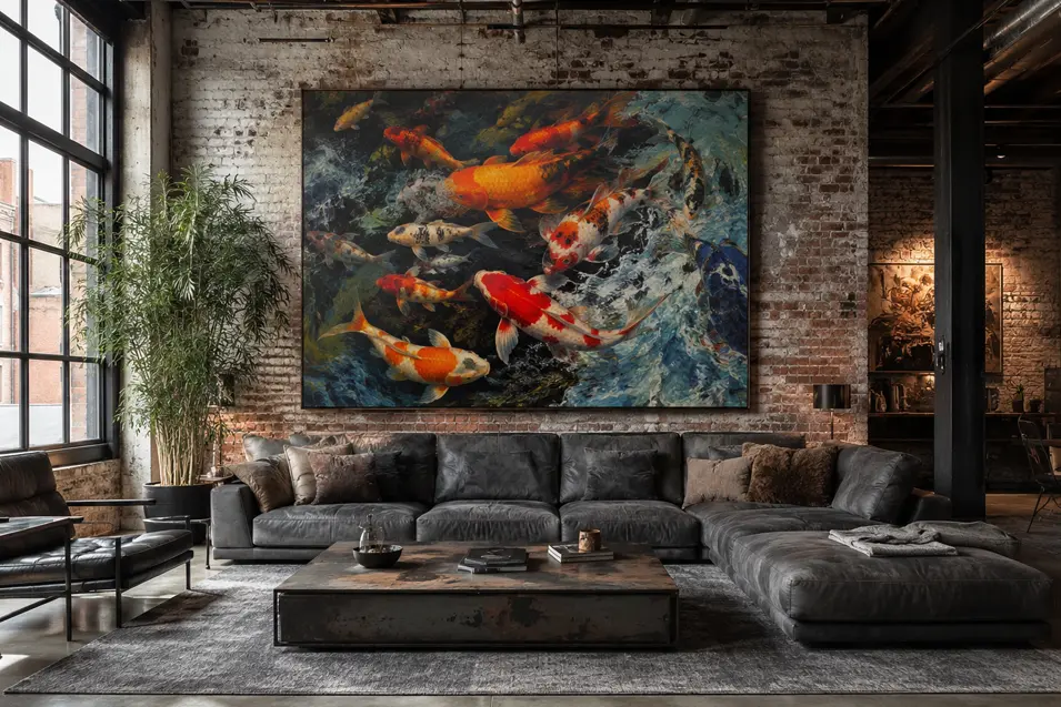 Industrial loft living room with exposed brick, steel beams, leather seating, and a vibrant oversized koi fish painting as the dramatic focal point.