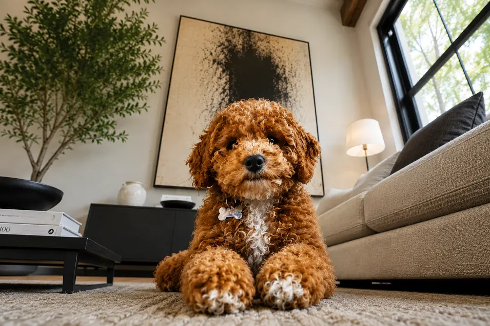 Curly-haired puppy photographed from a low angle in a stylish modern living room, with warm natural light, minimalist décor, and a cozy contemporary atmosphere.