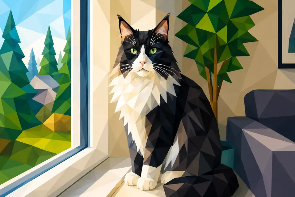 A striking black-and-white Maine Coon reimagined as modern low-poly art with geometric shapes, crisp edges, vibrant gradients, and a clean minimalist style.