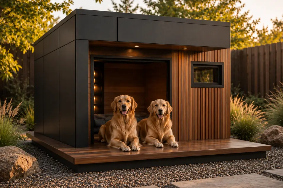 Luxury modern dog house with sleek black cladding, warm wood accents, and a spacious deck, featuring two happy Golden Retrievers at golden hour.