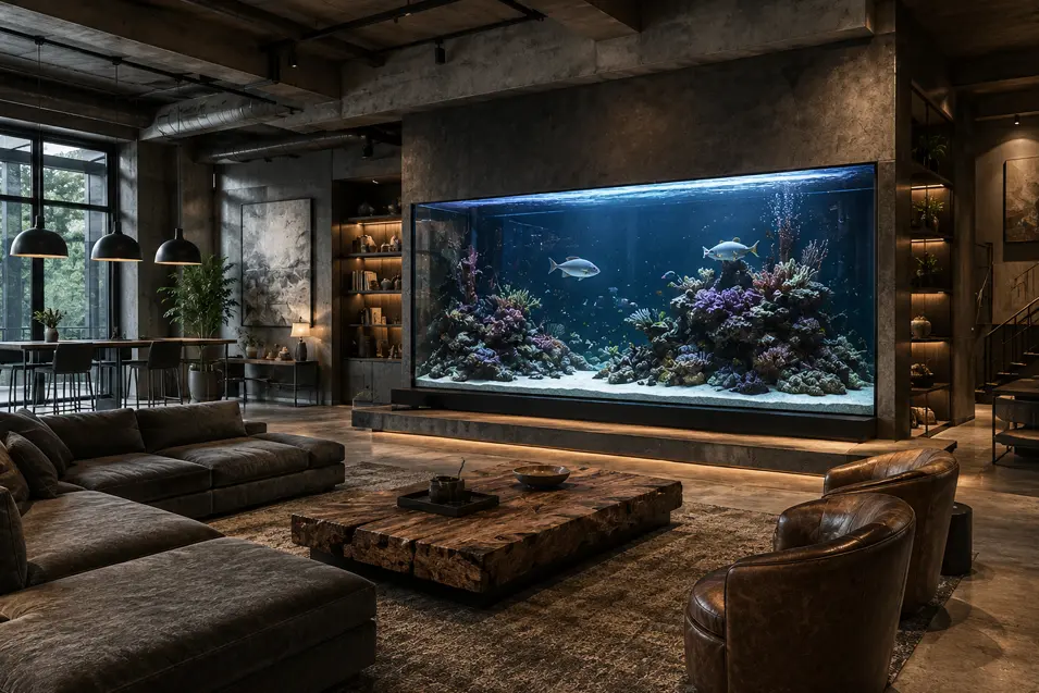 Luxury industrial-style living room with a massive built-in reef aquarium, dark sectional sofa, leather lounge chairs, exposed ductwork, concrete finishes, and ambient lighting.