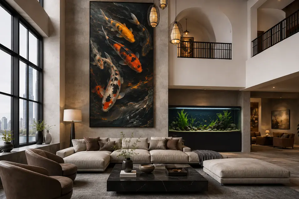 Luxury double-height living room featuring oversized koi artwork, contemporary designer furniture, floor-to-ceiling windows, and a built-in aquarium in a recessed alcove.