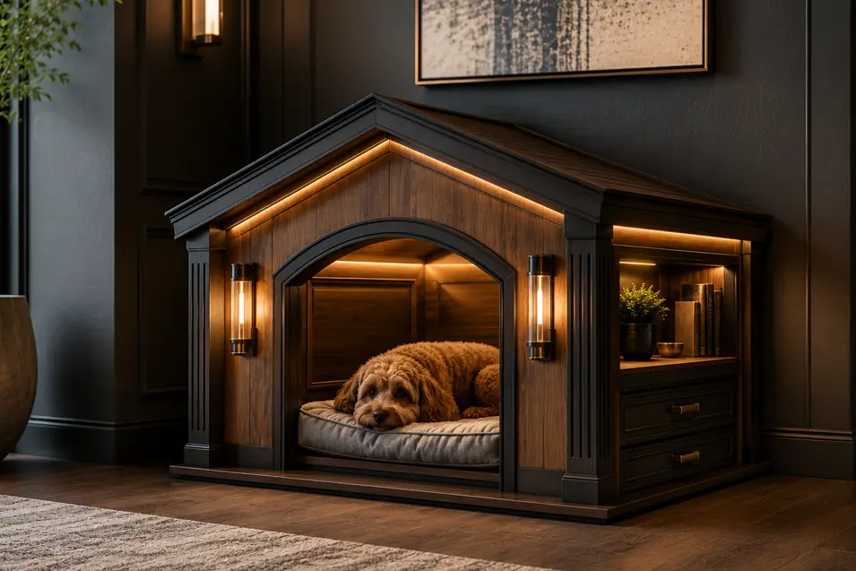 Luxury indoor dog house with rich hardwoods, LED lighting, built-in storage, and a cozy bed, featuring a relaxed Cavapoo in a warm, designer living room.