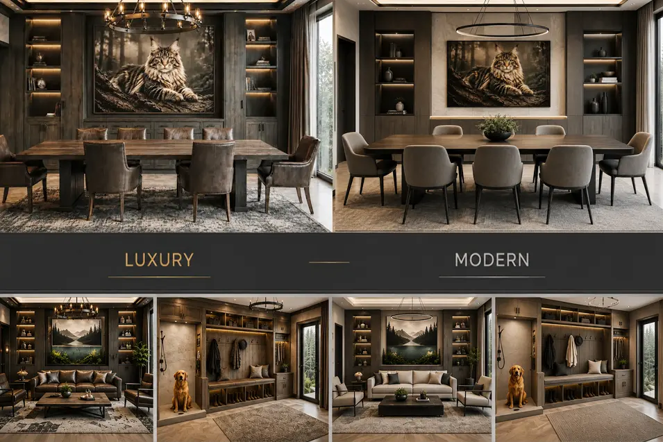 Side-by-side dining room comparison: Luxury features rich wood, leather and warm lighting; Modern showcases clean lines, soft neutrals and minimalist elegance.