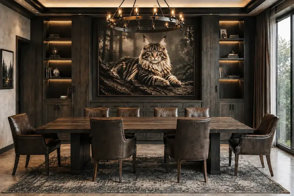 Rustic luxury dining room with dark wood cabinetry, leather chairs, warm lighting, and a large portrait of a regal Maine Coon cat.